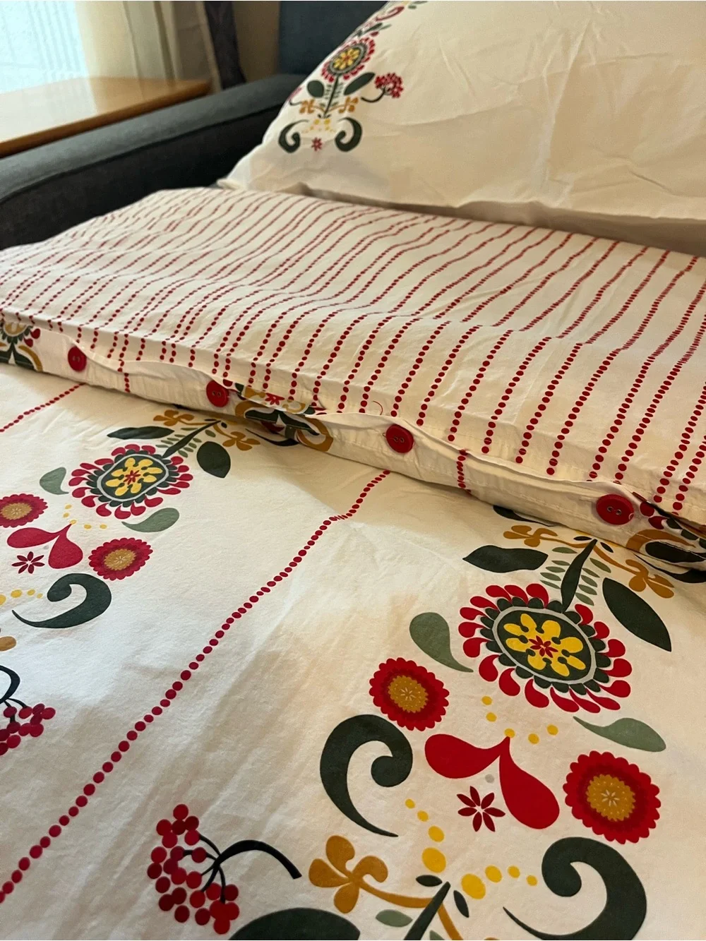 White Floral and Red Stripe Cotton Duvet Cover Set-Twin